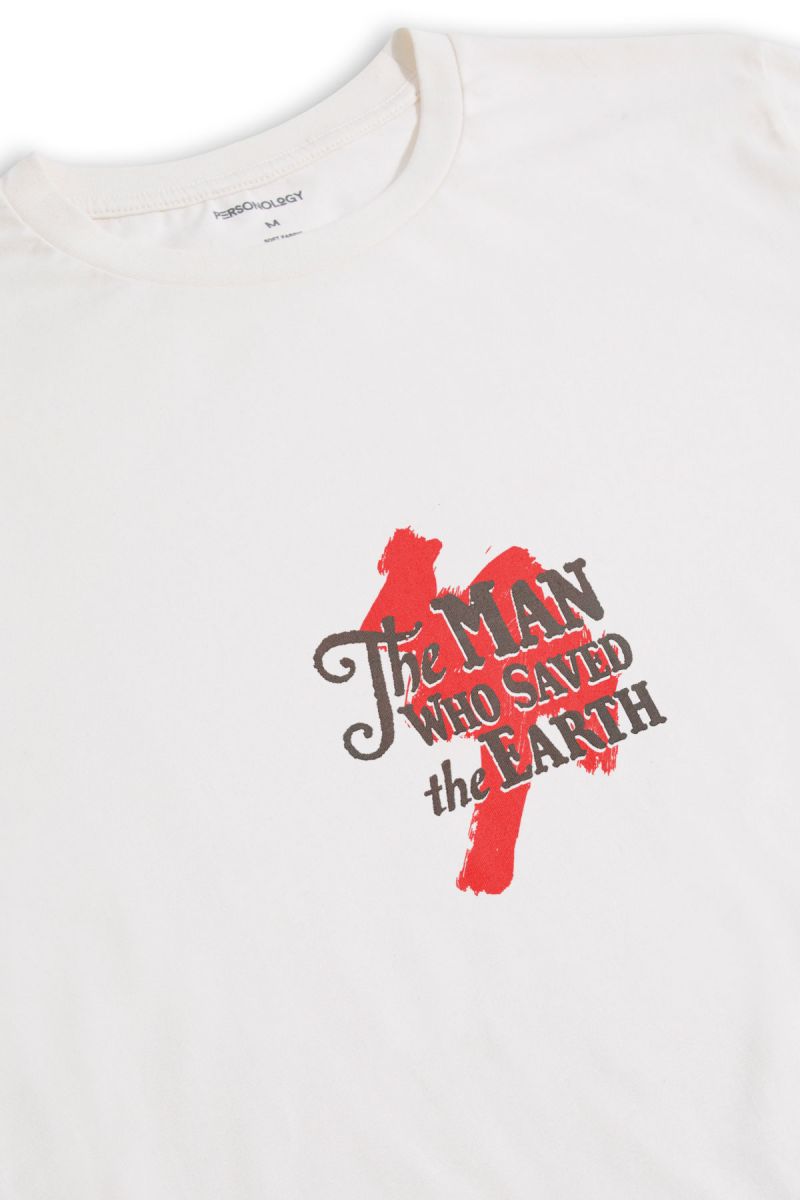Off White Soft Fabric The Man Who Saved the Earth Design Short Sleeve Tee
