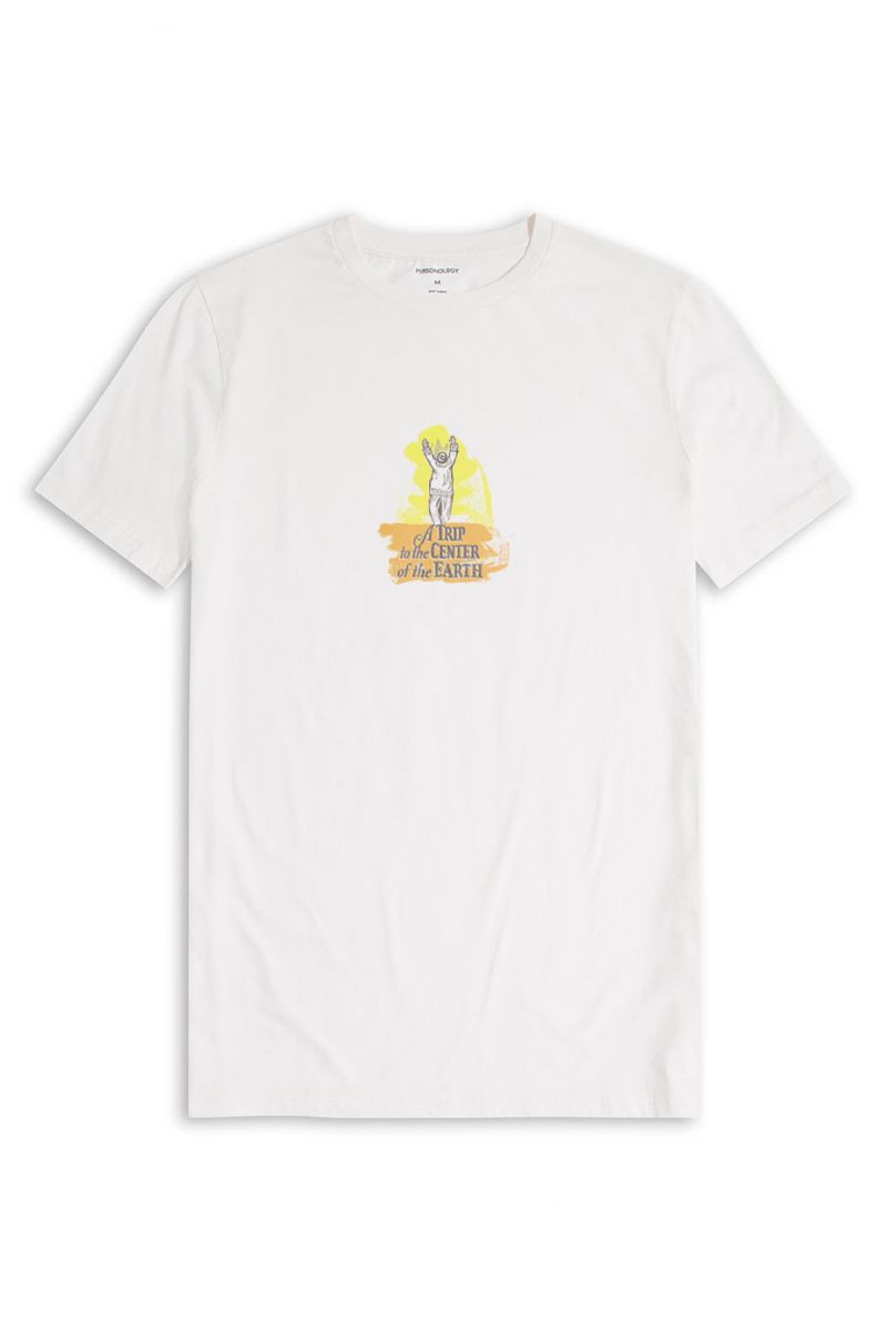 Off White Soft Fabric A trip to the center of the world Design Short Sleeve Tee