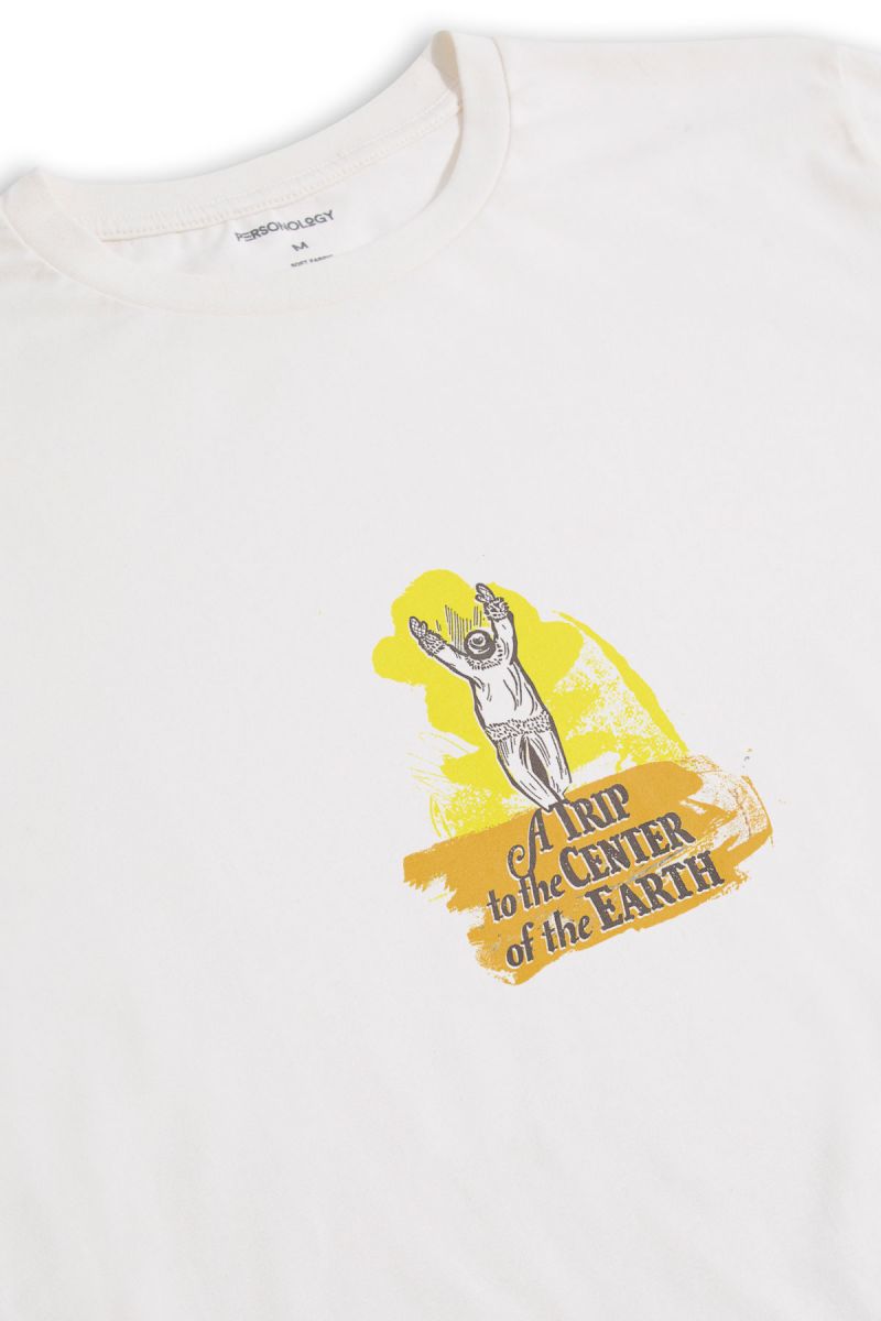 Off White Soft Fabric A trip to the center of the world Design Short Sleeve Tee