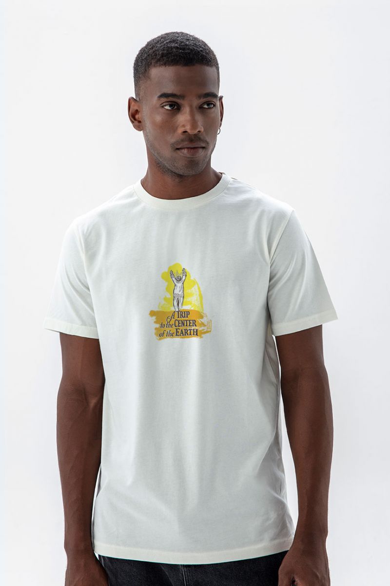 Off White Soft Fabric A trip to the center of the world Design Short Sleeve Tee