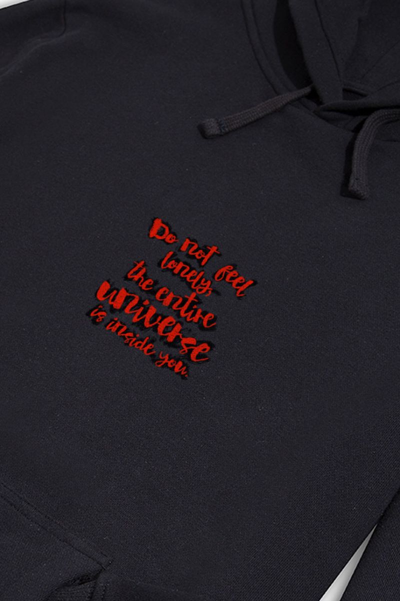 Black Premium Cotton Do Not Feel Lonely Design Pullover Hoodie