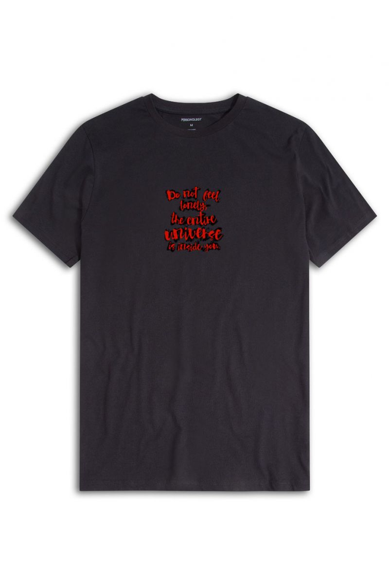 Black Soft Fabric Do Not Feel Lonely Design Short Sleeve Tee