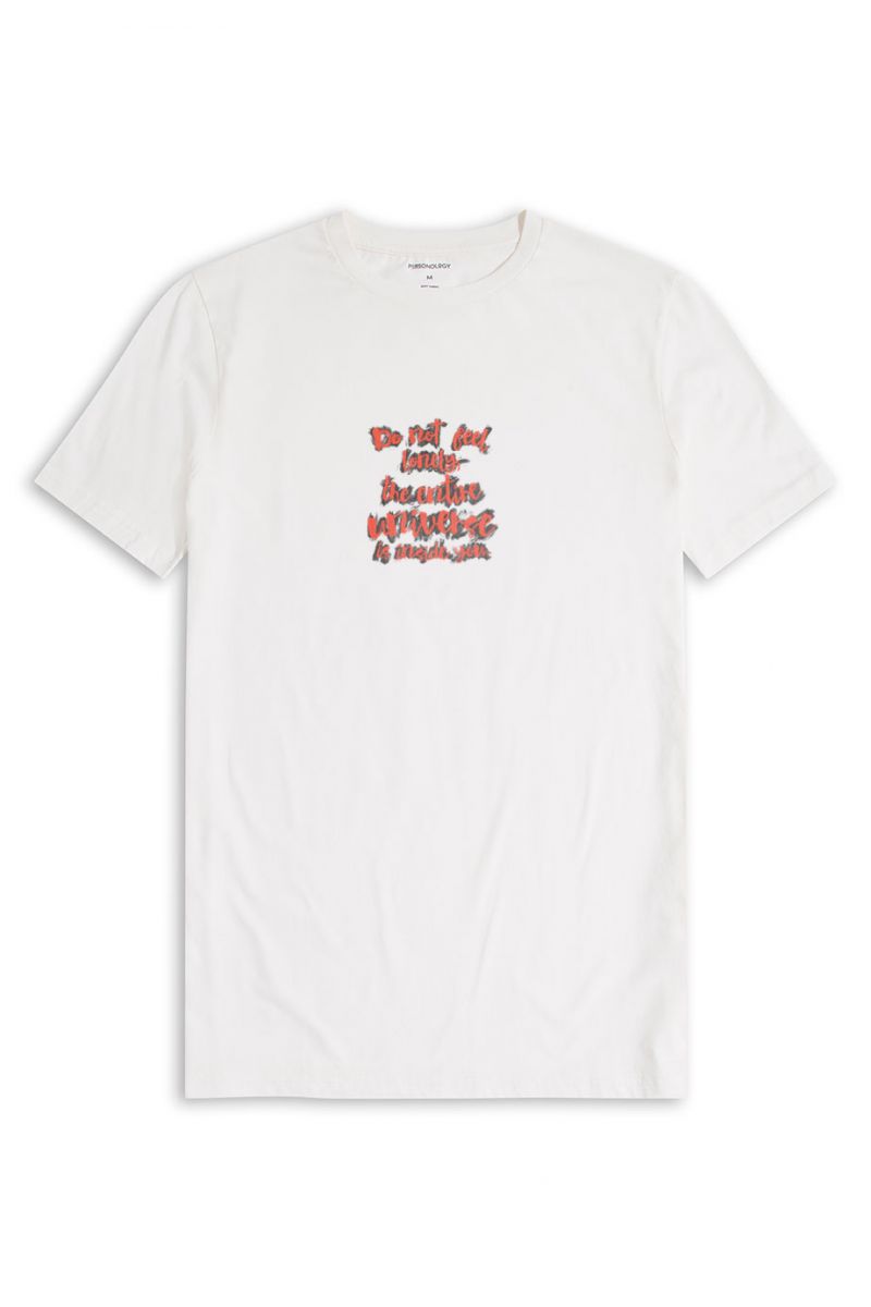 Off White Soft Fabric Do Not Feel Lonely Design Short Sleeve Tee