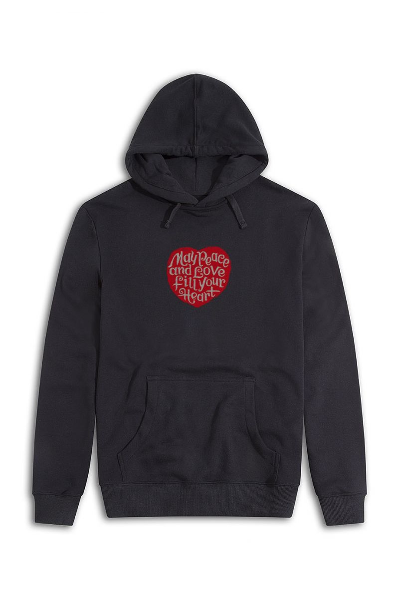 Black Premium Cotton Peace and Love Fill your Heart Design Pullover Hoodie