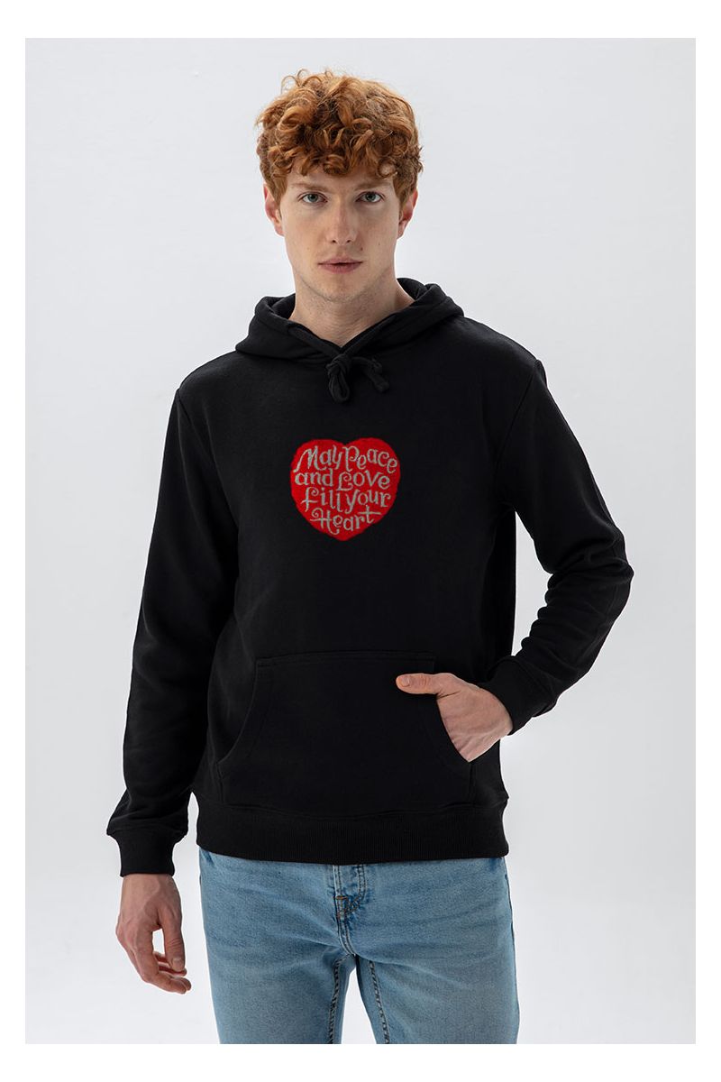 Black Premium Cotton Peace and Love Fill your Heart Design Pullover Hoodie
