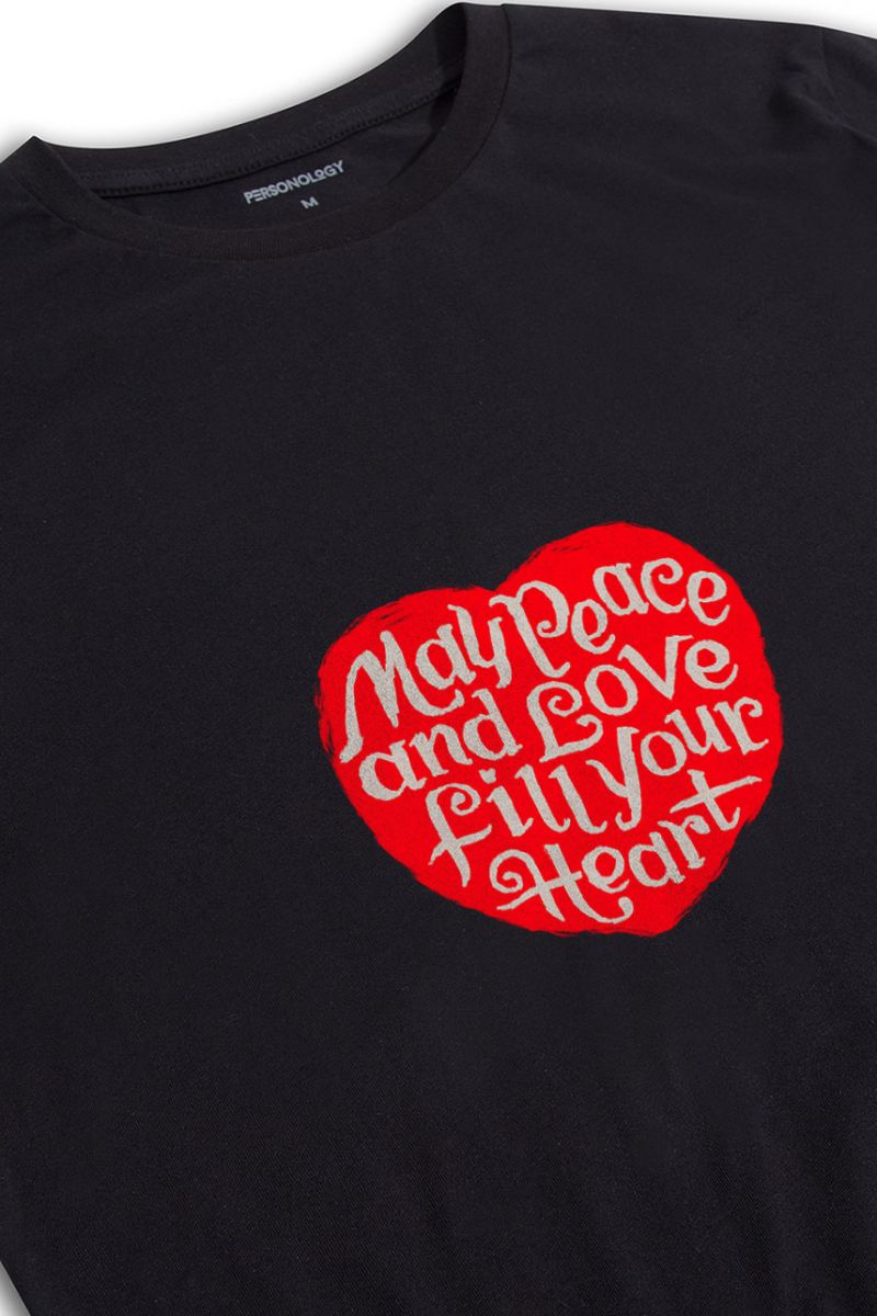 Black Soft Fabric Peace and Love Fill your Heart Design Short Sleeve Tee