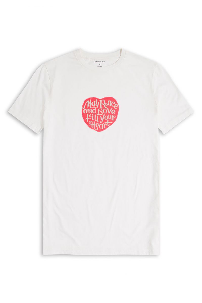 Off White Soft Fabric Peace and Love Fill your Heart Design Short Sleeve Tee