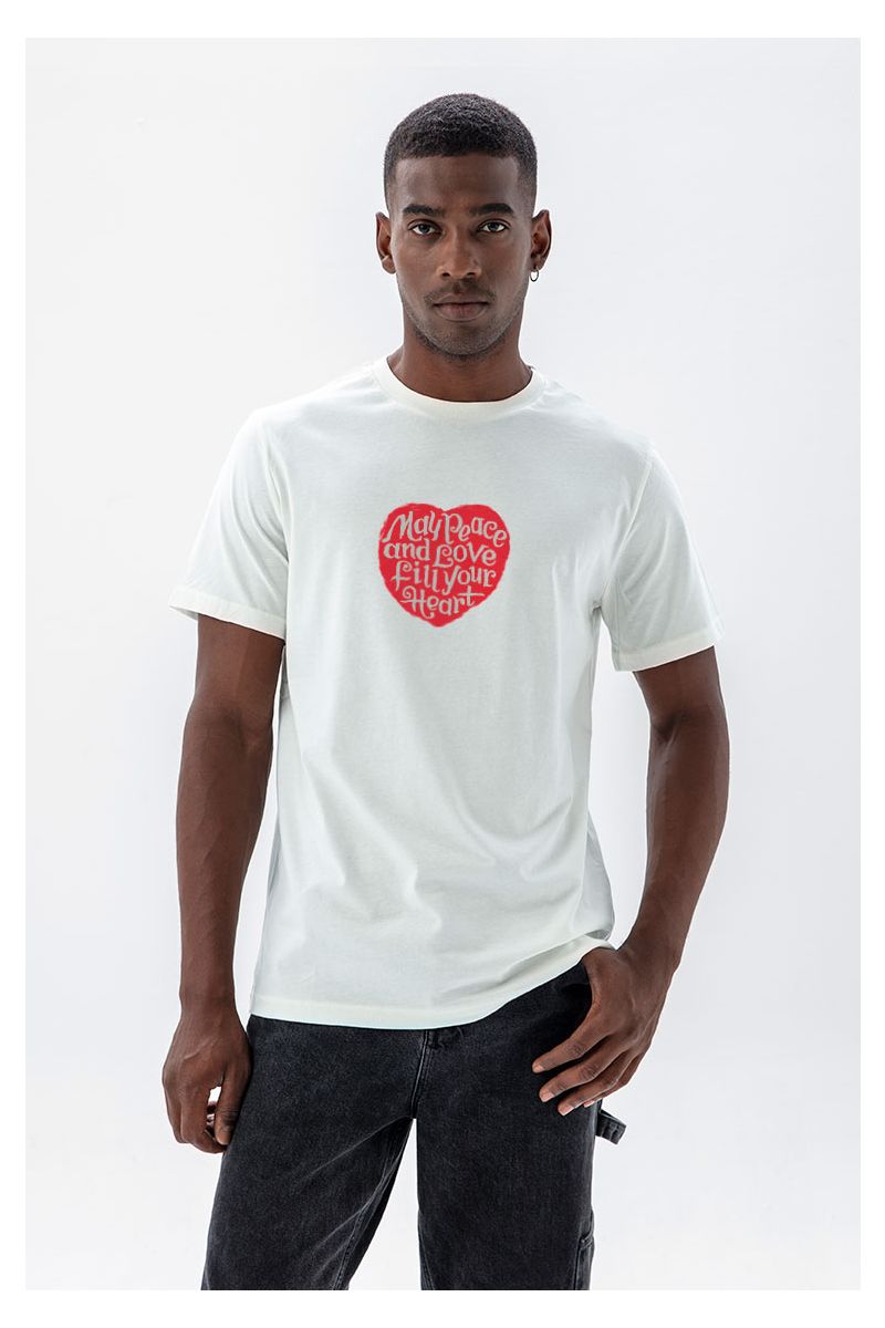 Off White Soft Fabric Peace and Love Fill your Heart Design Short Sleeve Tee