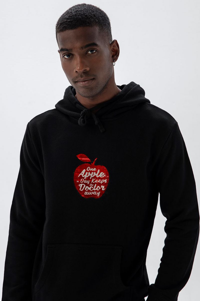 Black Premium Cotton One Apple Day Keeps Doctor Away Design Pullover Hoodie