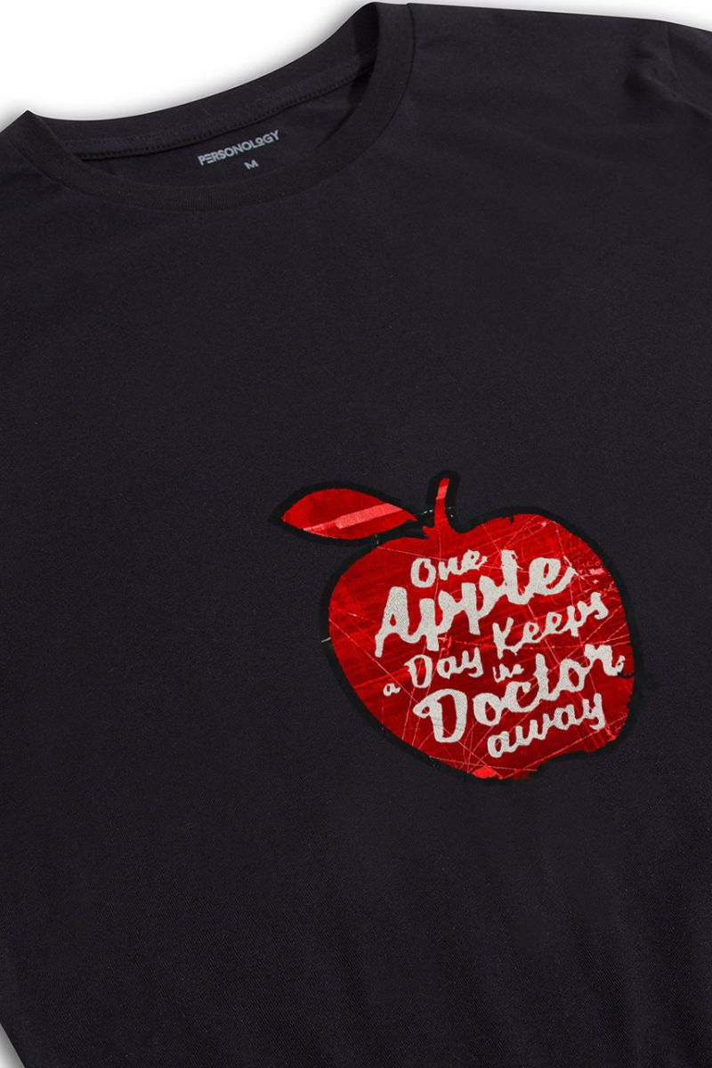 Black Soft Fabric One Apple Day Keeps Doctor Away Design Short Sleeve Tee