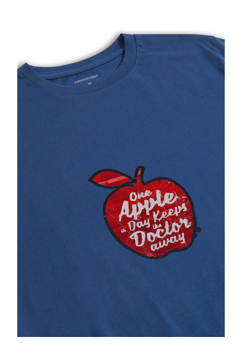 Navy Soft Fabric One Apple Day Keeps Doctor Away Design Short Sleeve Tee