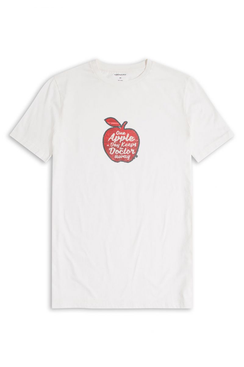 Off White Soft Fabric One Apple Day Keeps Doctor Away Design Short Sleeve Tee