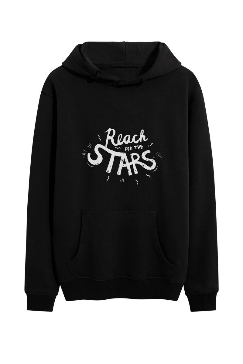 Black Premium Cotton Reach for the Stars Design Pullover Hoodie