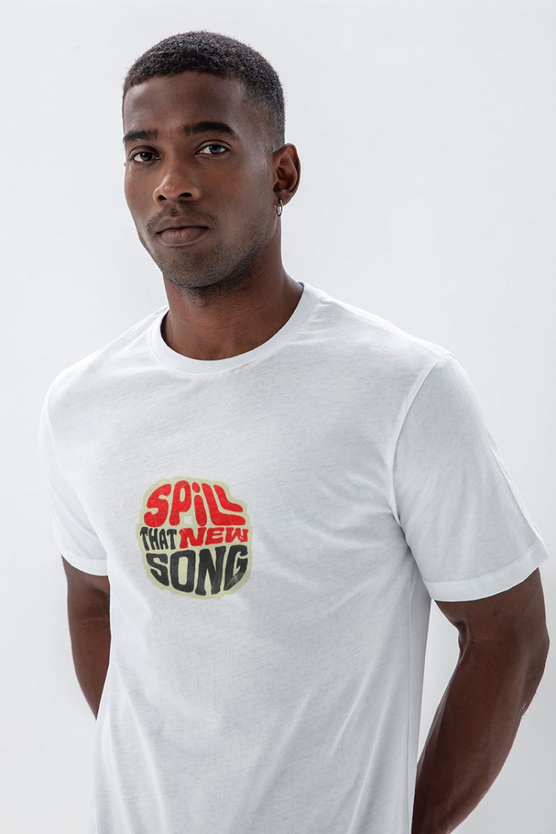 White Soft Fabric Spill That New Song Design Short Sleeve Tee