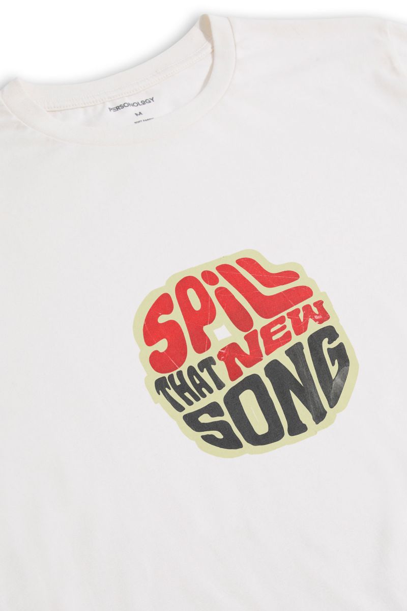 Off White Soft Fabric Spill That New Song Design Short Sleeve Tee