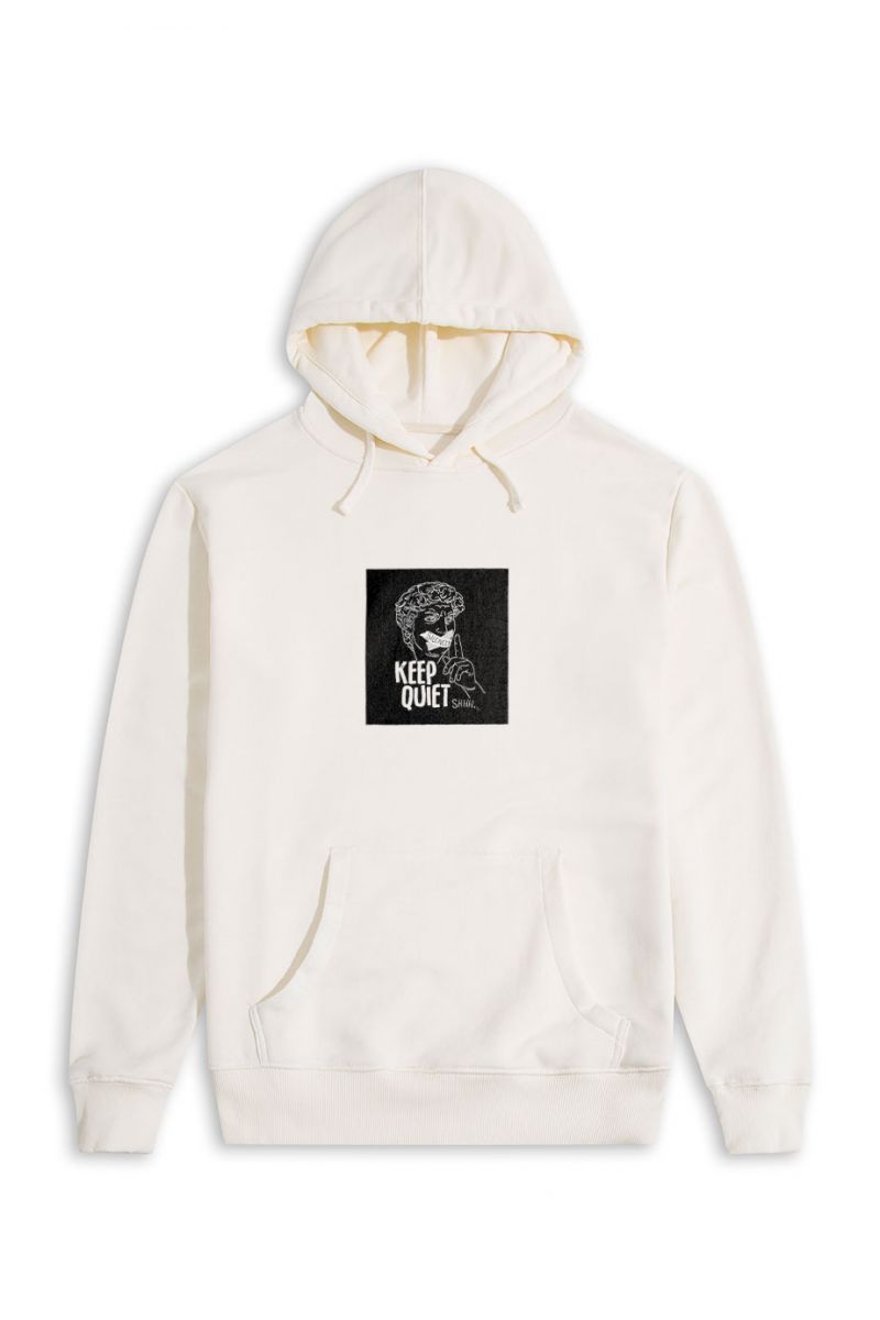 Ecru Premium Cotton Keep Quiet Design Pullover Hoodie