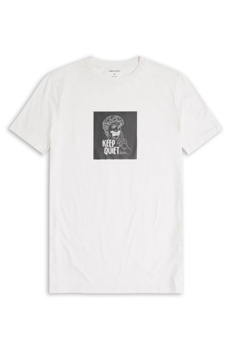 Off White Soft Fabric Keep Quiet Design Short Sleeve Tee
