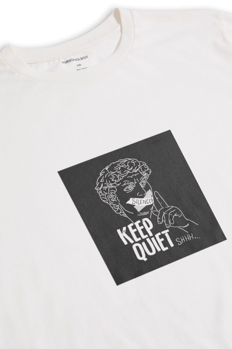 Off White Soft Fabric Keep Quiet Design Short Sleeve Tee