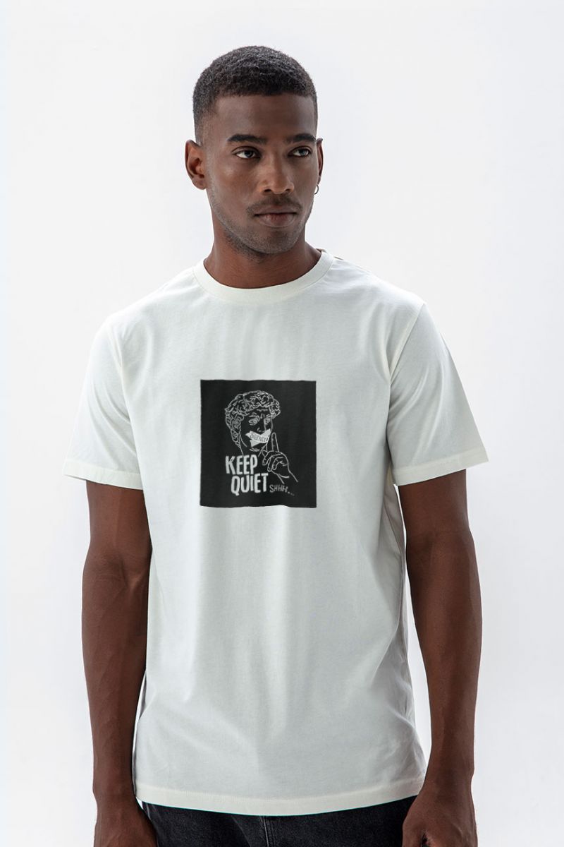Off White Soft Fabric Keep Quiet Design Short Sleeve Tee
