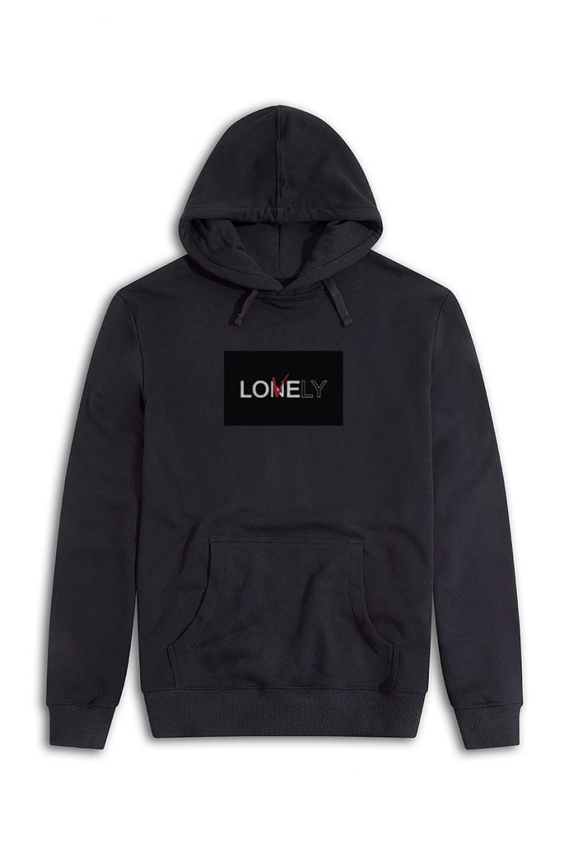 Black Premium Cotton Lonely & Lovely Design Pullover Hoodie