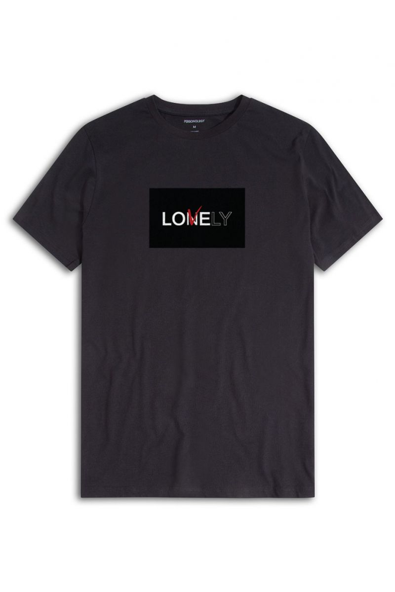 Black Soft Fabric Lonely & Lovely Design Short Sleeve Tee