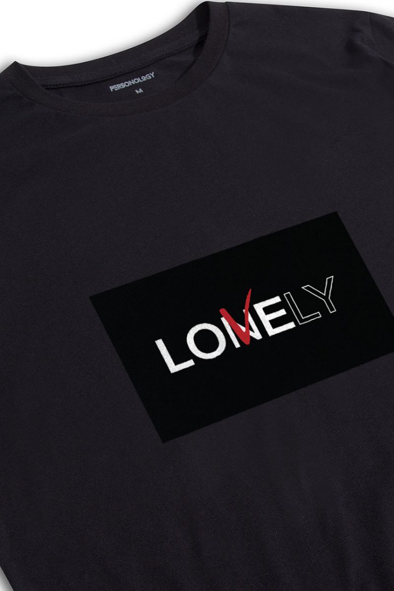 Black Soft Fabric Lonely & Lovely Design Short Sleeve Tee