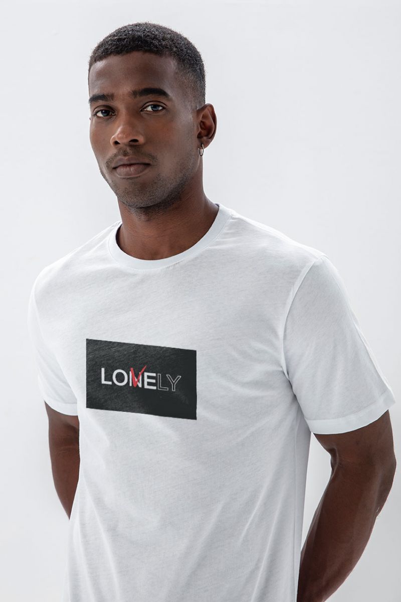 White Soft Fabric Lonely & Lovely Design Short Sleeve Tee