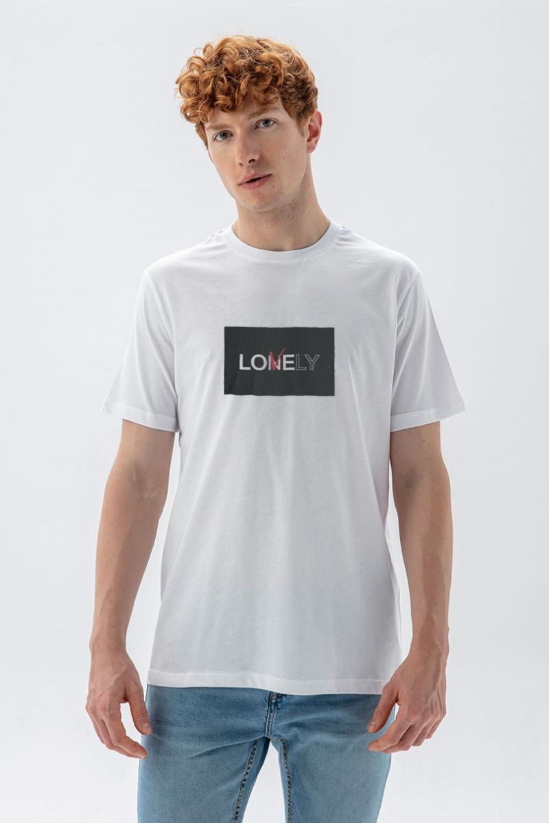 White Soft Fabric Lonely & Lovely Design Short Sleeve Tee