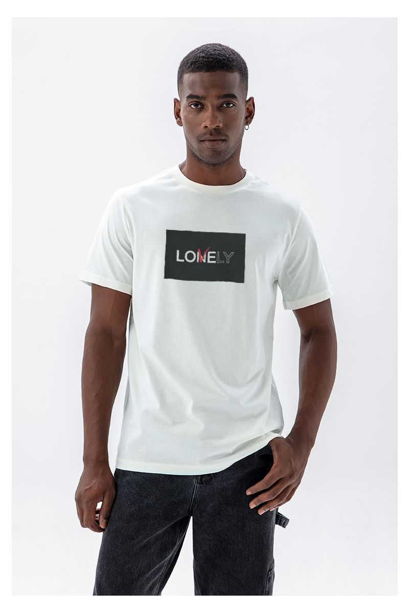 Off White Soft Fabric Lonely & Lovely Design Short Sleeve Tee