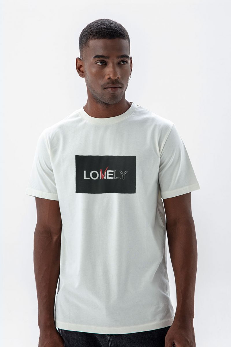 Off White Soft Fabric Lonely & Lovely Design Short Sleeve Tee