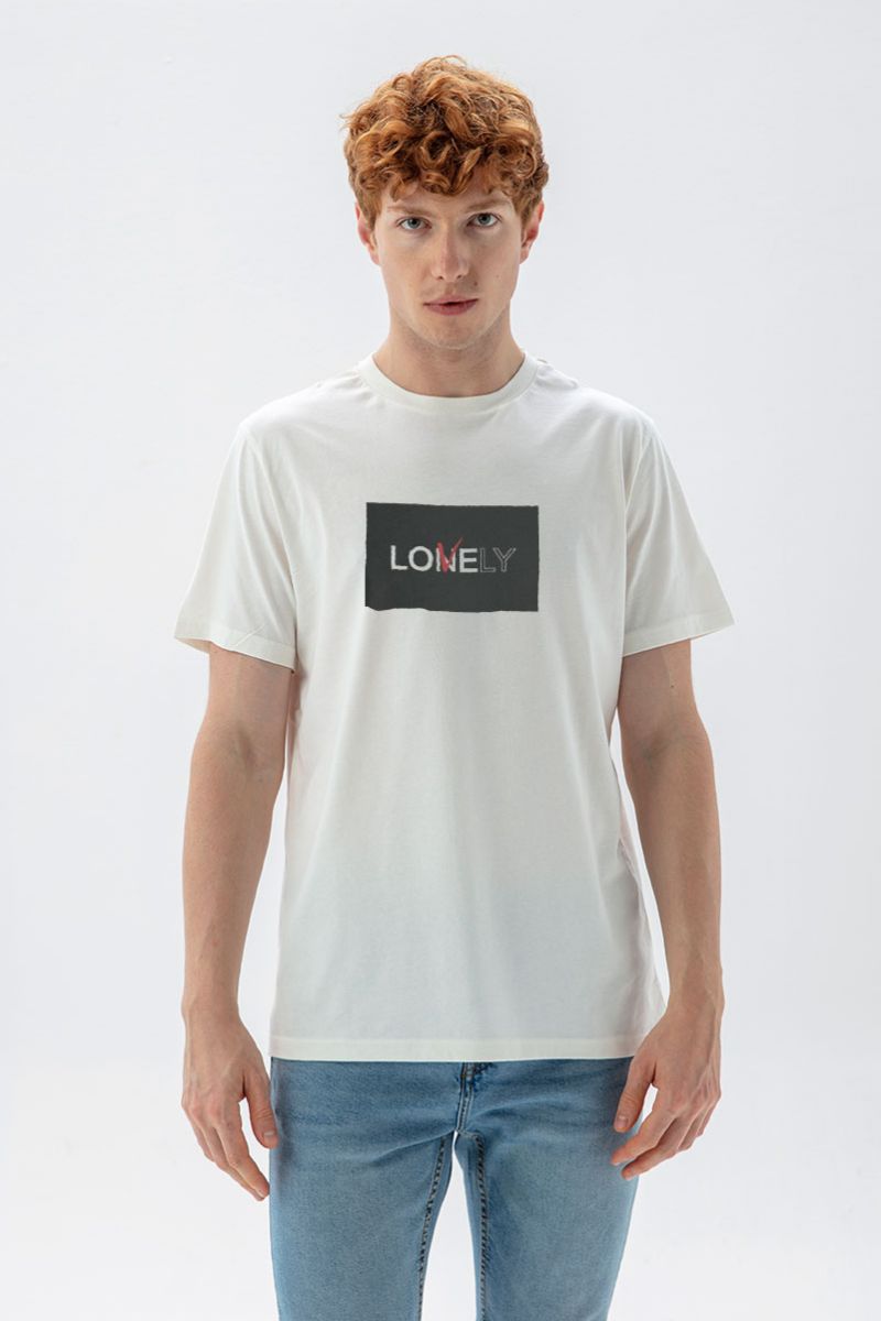 Off White Soft Fabric Lonely & Lovely Design Short Sleeve Tee