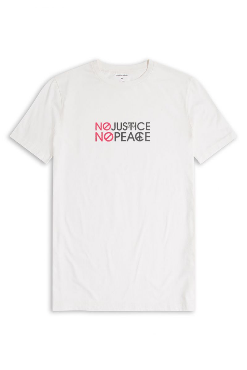 Off White Soft Fabric No Justice No Peace Design Short Sleeve Tee