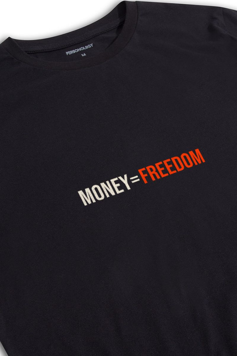 Black Soft Fabric Money = Freedom Design Short Sleeve Tee