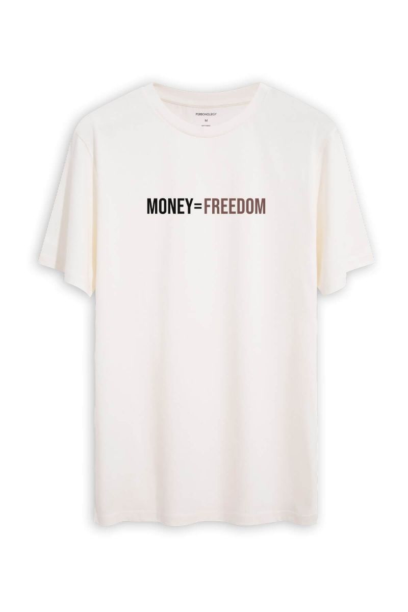 Off White Soft Fabric Money = Freedom Design Short Sleeve Tee