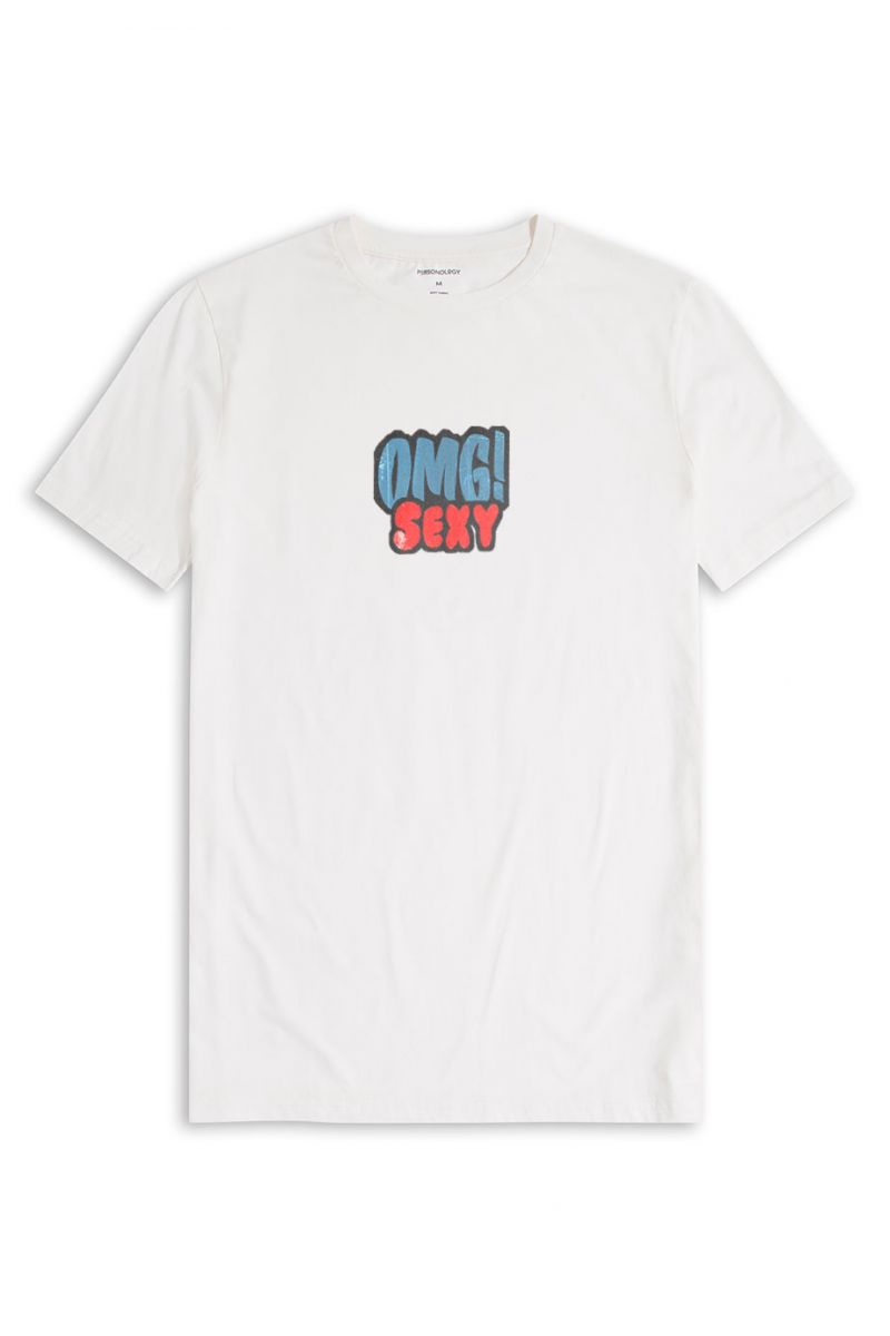 Off White Soft Fabric OMG Sexy Design Short Sleeve Tee