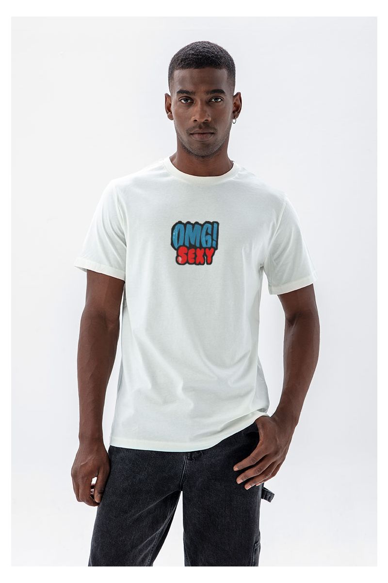 Off White Soft Fabric OMG Sexy Design Short Sleeve Tee