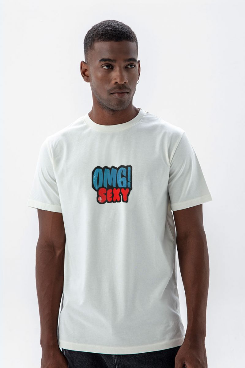 Off White Soft Fabric OMG Sexy Design Short Sleeve Tee