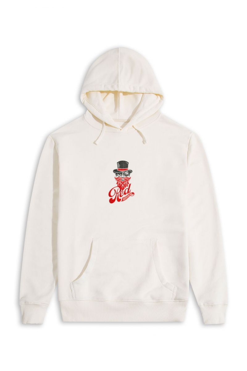 Ecru Premium Cotton Red Mustache Design Pullover Hoodie