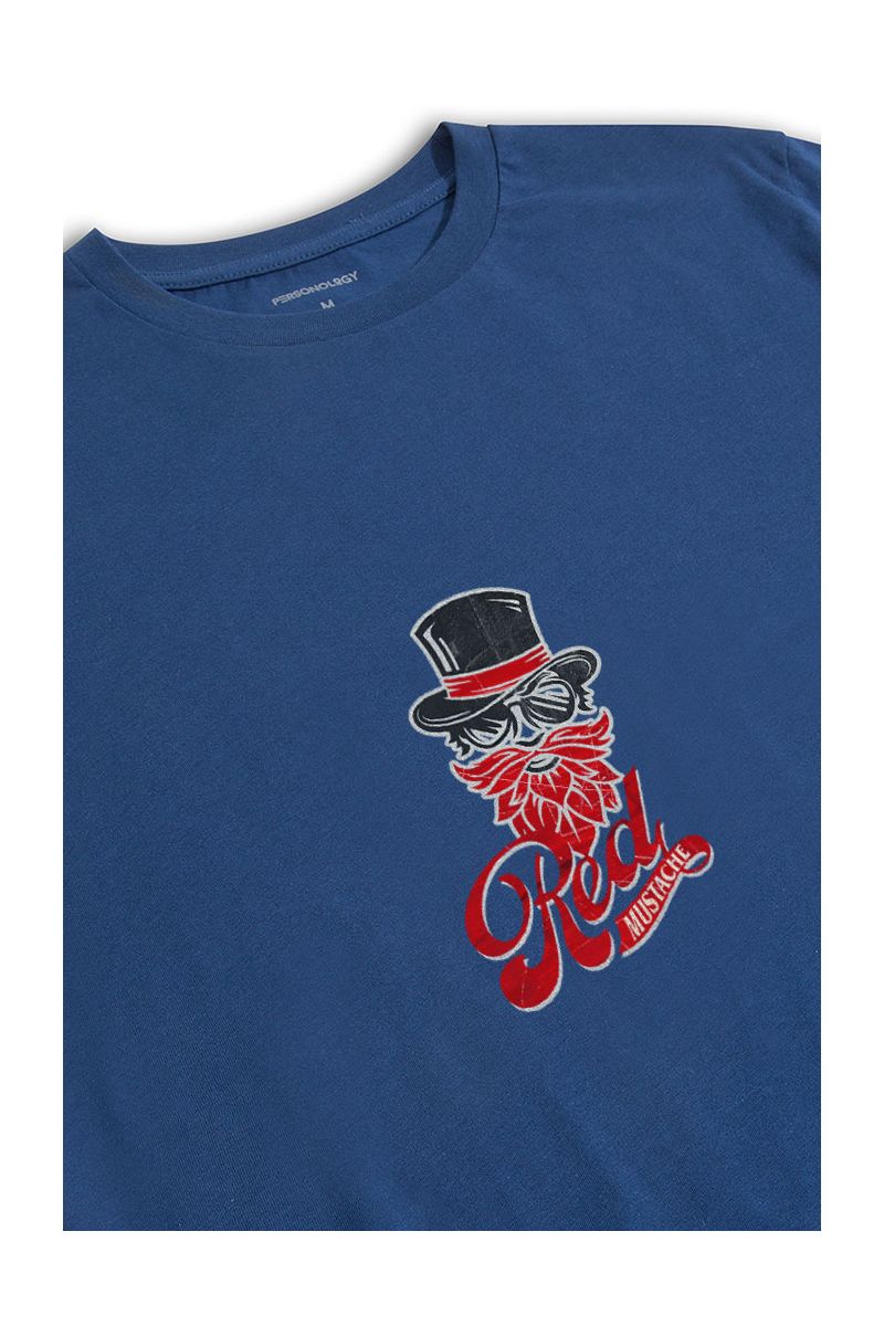 Navy Soft Fabric Red Mustache Design Short Sleeve Tee