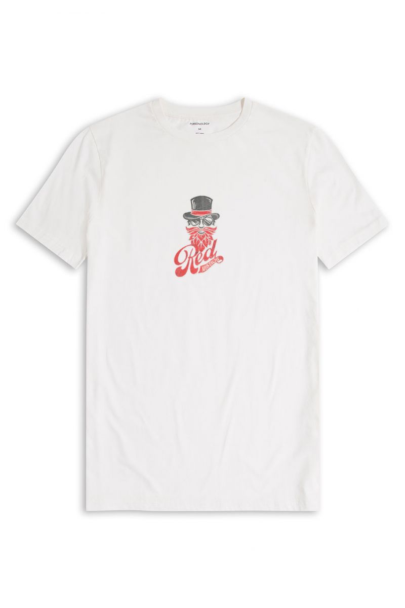 Off White Soft Fabric Red Mustache Design Short Sleeve Tee