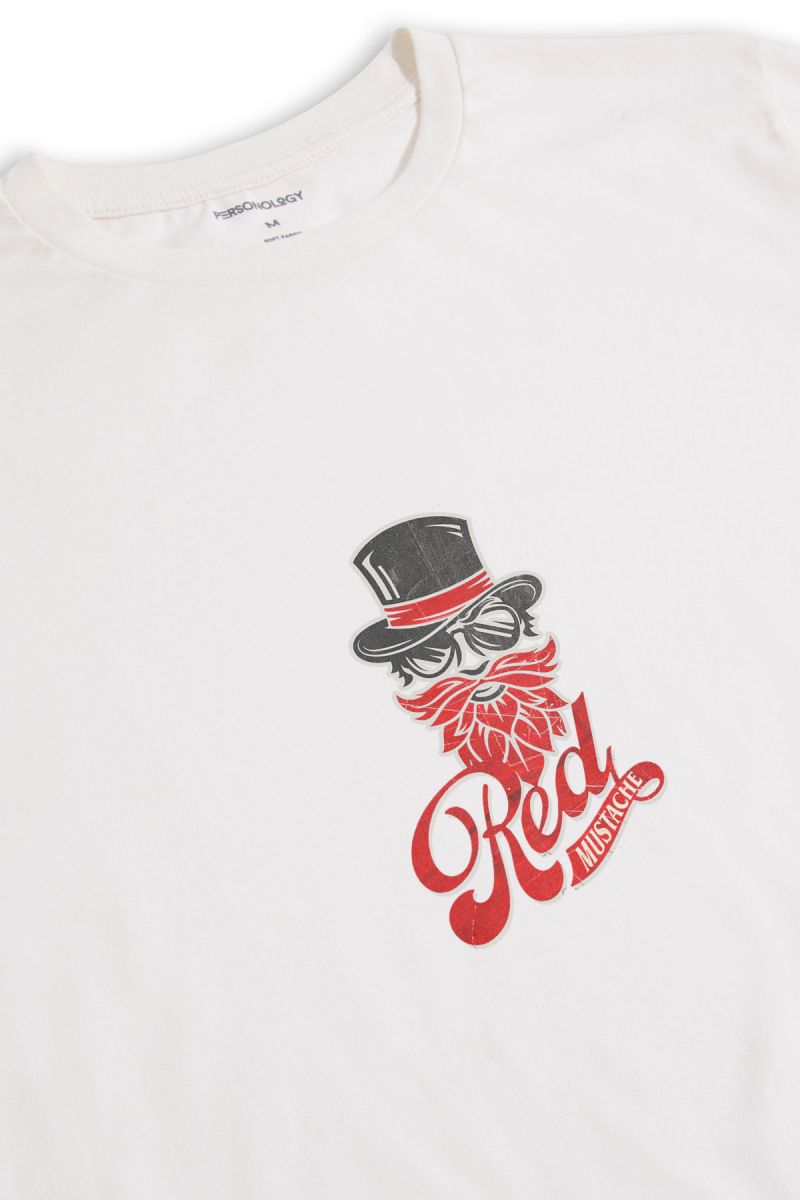 Off White Soft Fabric Red Mustache Design Short Sleeve Tee