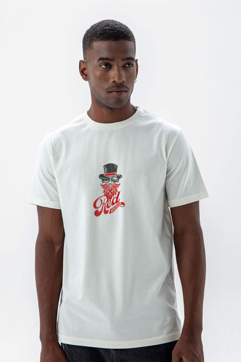 Off White Soft Fabric Red Mustache Design Short Sleeve Tee