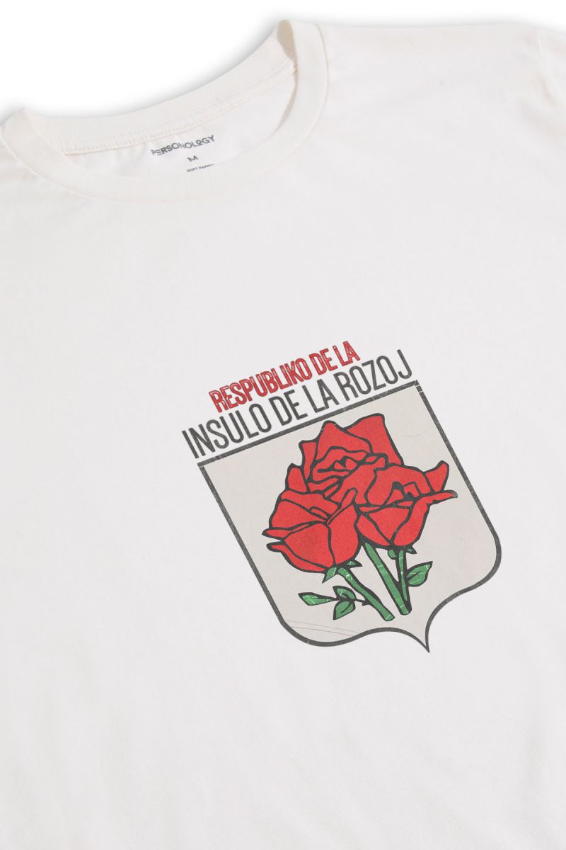 Off White Soft Fabric Rose Design Short Sleeve Tee