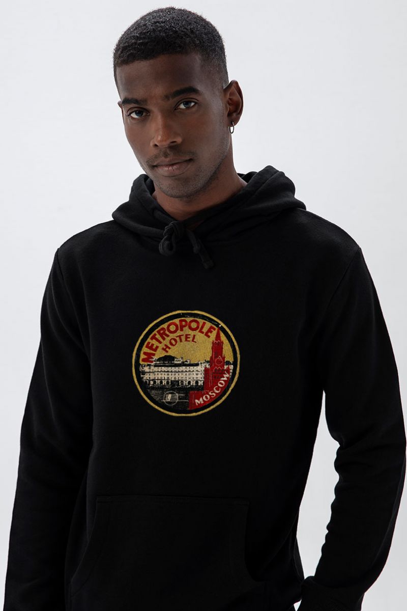Black Premium Cotton Metropole Hotel Design Pullover Hoodie