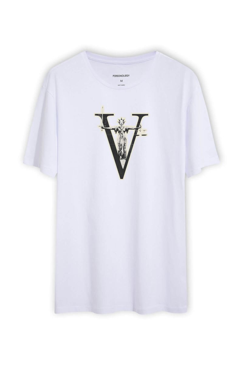 White Soft Fabric Victory Design Short Sleeve Tee