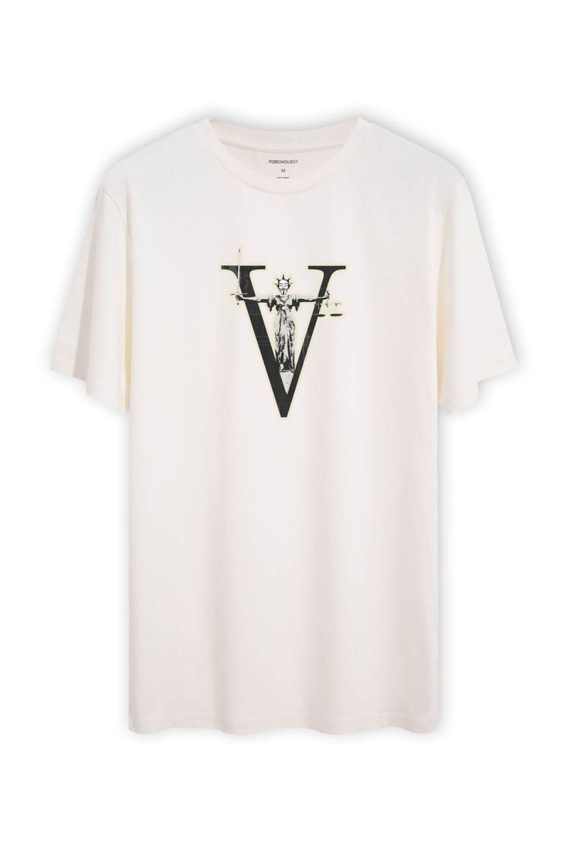 Off White Soft Fabric Victory Design Short Sleeve Tee