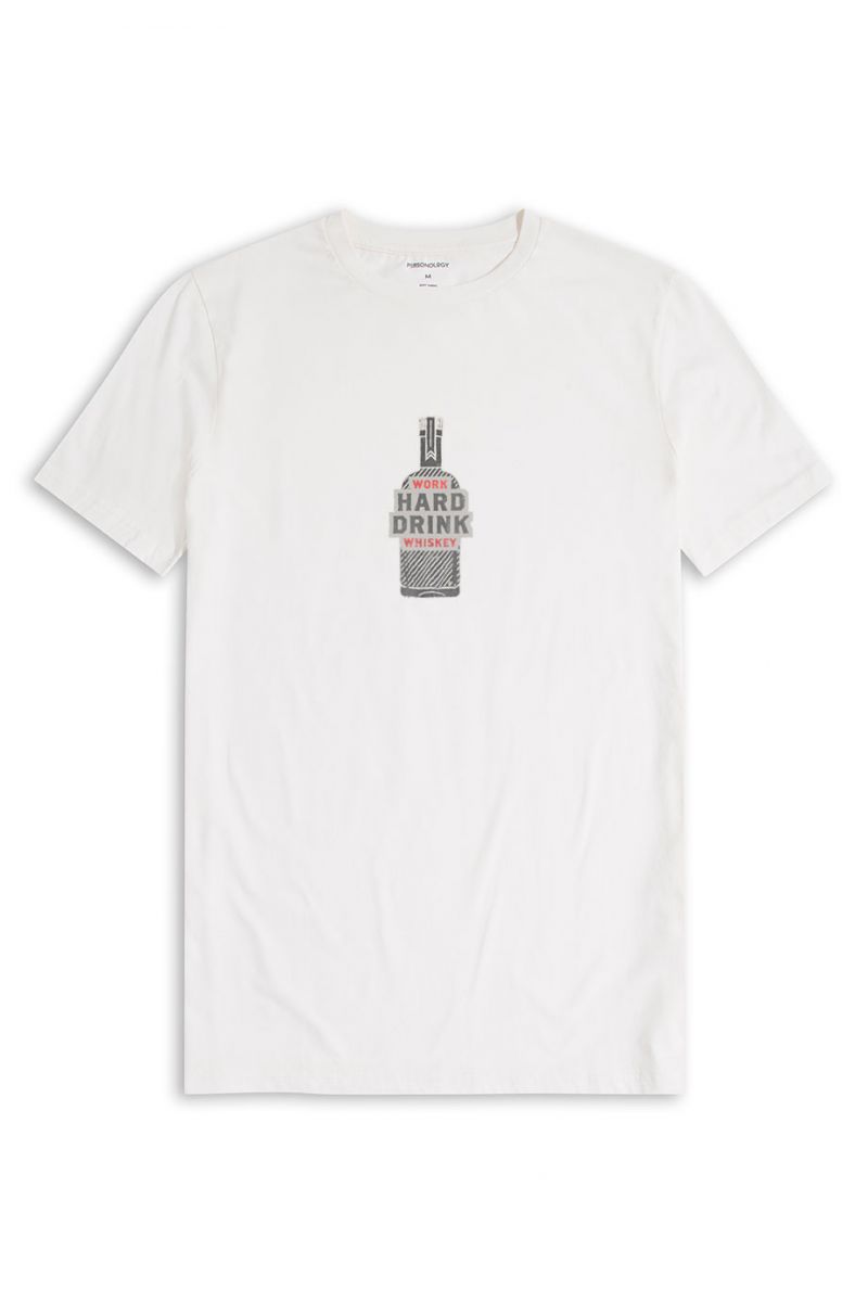 Off White Soft Fabric Work Hard Drink Whiskey Design Short Sleeve Tee