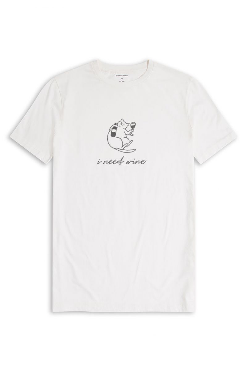 Off White Soft Fabric Cat Design Short Sleeve Tee