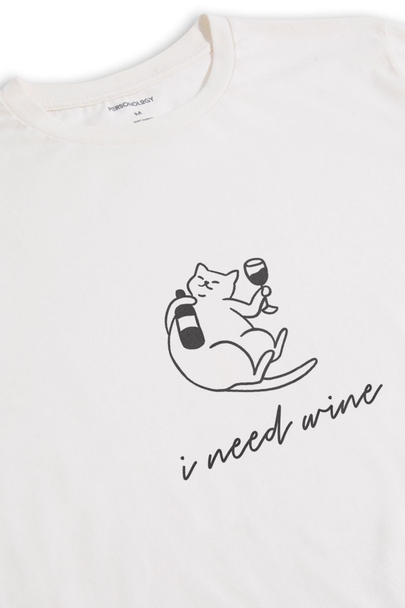 Off White Soft Fabric Cat Design Short Sleeve Tee