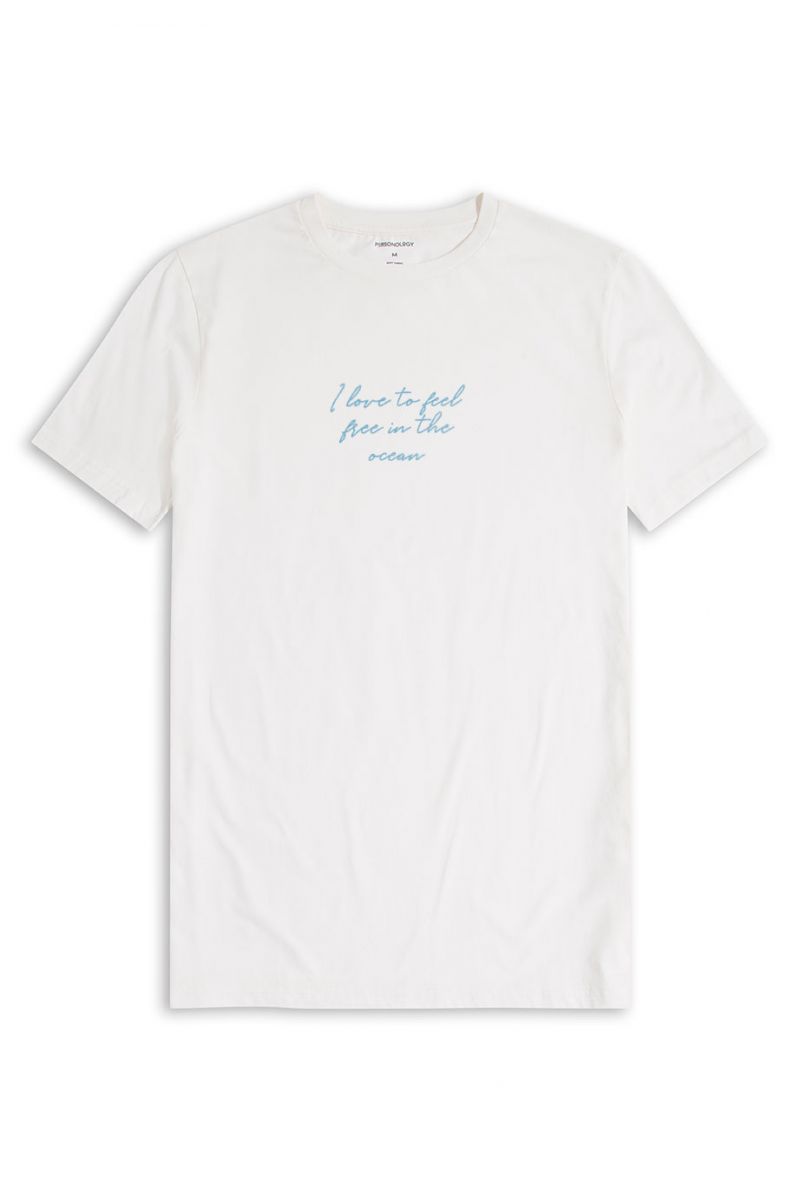 Off White Soft Fabric Freedom in Ocean Design Short Sleeve Tee